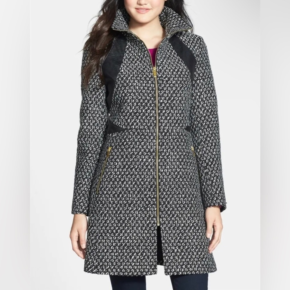 Via Spiga Faux Leather Trim Front Zip Closure Back Vent Coat Jacket Size 8